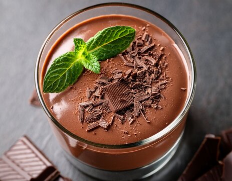 a chocolate mousse in a glass cup with chocolate shavings and a mint leaf on top