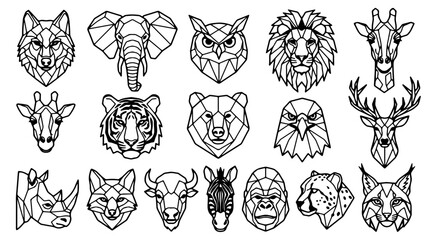 Obraz premium Geometric Animal Heads Collection Featuring Wolf Elephant Owl Lion Giraffe Tiger Bear Eagle Deer Rhino Fox Buffalo Zebra Gorilla Cheetah Lynx Silhouette PNG Isolated on transparent background