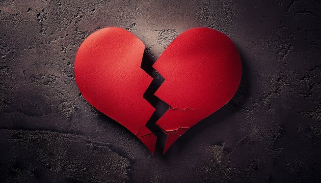 cracked red heart on dark concrete wall heartbreak concept