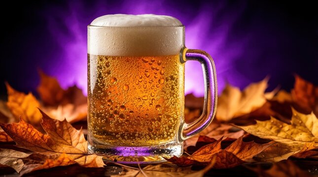 Glass mug with cold wheat ale, white foam head sits on dry autumn maple leaves. Amber liquid with bubbles, condensation glows under purple light. Seasonal craft beer drink in cozy fall atmosphere at