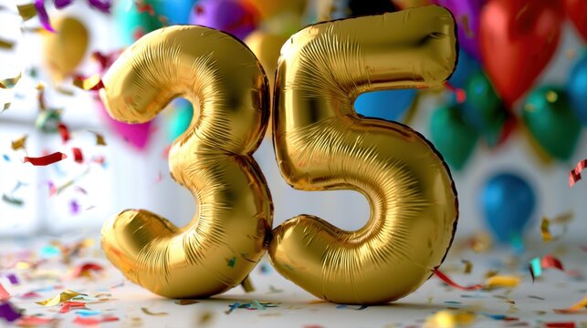 Festive golden balloons shaped as number thirty-five surrounded by colorful confetti and blurred vibrant balloons in the background for celebration events or milesto