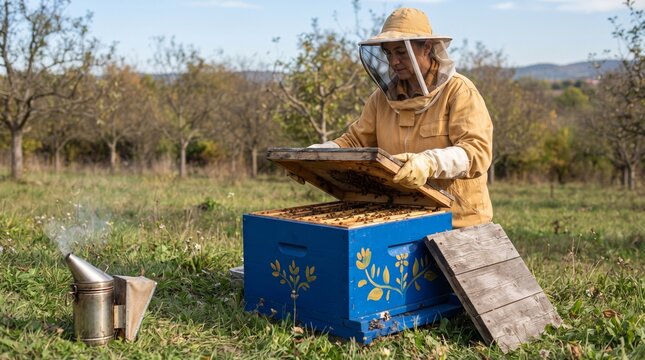 Autumn hive check beside a cobalt painted colony