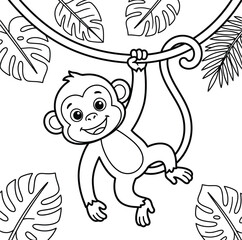 Cartoon monkey hanging from a branch with tropical leaves line art illustration © Masum