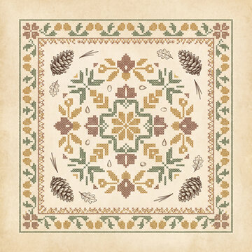 A beautiful vintage cross stitch embroidery pattern featuring rustic forest elements like pinecones and oak leaves arranged in a symmetrical mandala style on a textured paper background