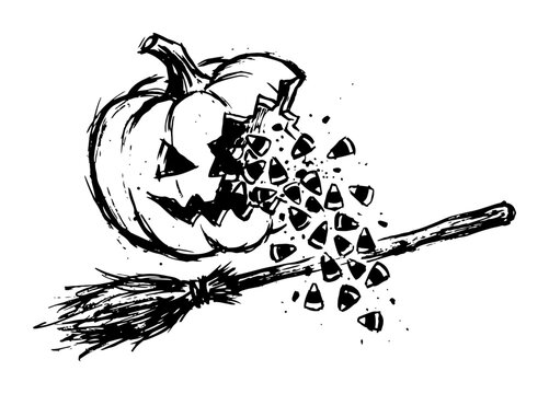 Broken Pumpkin and Witch Broom Halloween Sketch