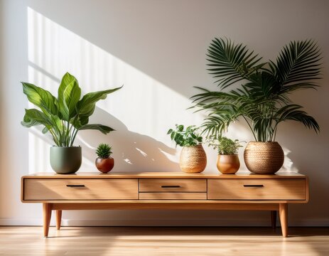 wooden console table with potted plants in bright modern interior