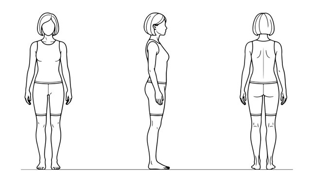 Female anatomical reference model showing front side and back views of a woman in athletic wear with short hair and faceless outline Silhouette PNG Isolated on transparent background