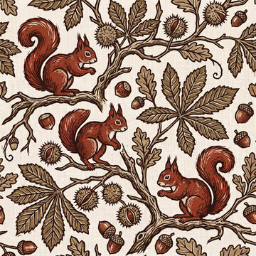 Seamless pattern featuring hand drawn red squirrels perched on chestnut branches with acorns and oak leaves in a vintage woodcut style for rustic textile design and autumn decor