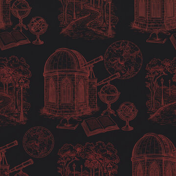 Seamless pattern featuring hand drawn vintage observatory buildings telescopes globes and star charts in a dark red ink sketch style on a black background for academic stationery