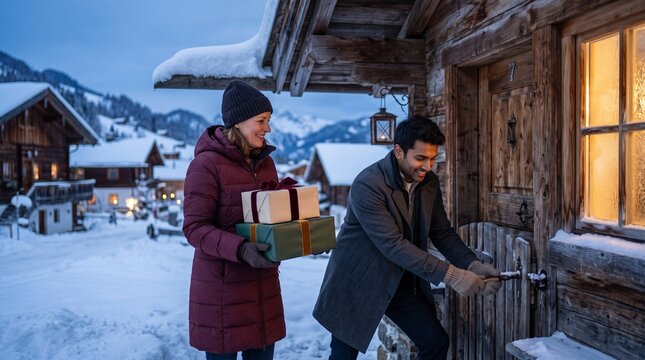 Friends pause at a snowy Austrian village doorstep
