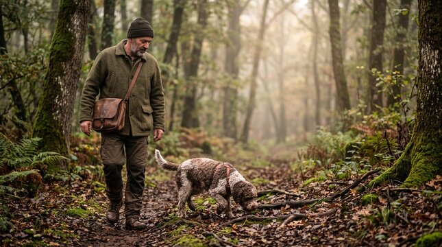 Croatian forager and dog begin an autumn truffle hunt