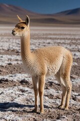 Obraz premium Young vicuna stands in side profile on salt crust in Bolivian Altiplano. Slender wild mammal with cinnamon fur looks alert in highland wetland. Single animal explores arid landscape near mountains