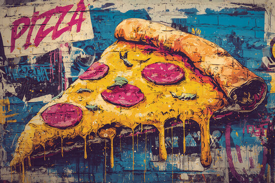 Graffiti Street Art Style Yellow Pizza Slice On Blue Wall With Purple Texture Drips