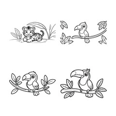 Fototapeta premium Adorable tiger cub and toucan bird coloring book templates depicting friendly wild animals perched on branches in jungle.