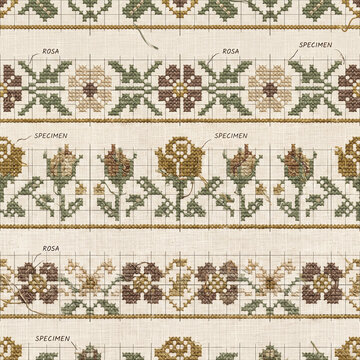 Vintage cross stitch embroidery pattern featuring botanical floral motifs on linen fabric with grid lines and handwritten specimen labels for a rustic textile design background