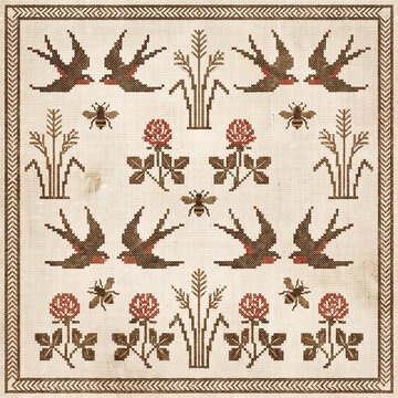 Vintage cross stitch embroidery pattern featuring rustic swallows bees and floral motifs on aged linen fabric for a traditional folk art textile design with a symmetrical layout