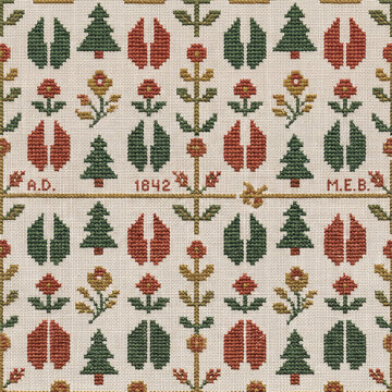 Vintage folk art cross stitch embroidery pattern featuring repeating botanical motifs pine trees and floral elements on a textured linen fabric background for traditional textile design