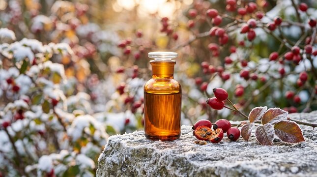 Amber rosehip oil bottle among winter garden berries