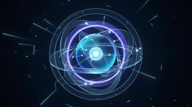 Futuristic Atomic Energy Technology Animation with Glowing Blue Core and Orbiting Digital Rings