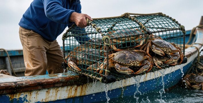 Hardworking fisherman pulls heavy crab trap onto small fishing boat. Man hauls metal cage full of fresh blue crabs from sea. Traditional maritime job shows manual labor, seafood harvest at ocean.