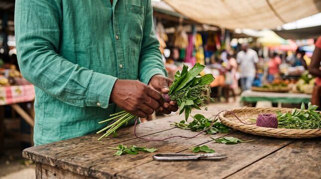 Hands tying tropical herb bundles for December market