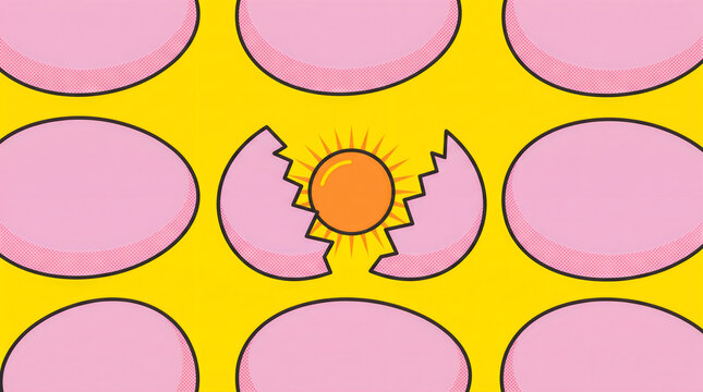 Minimal pop art graphic design of a cracked pink egg revealing a bright yellow center