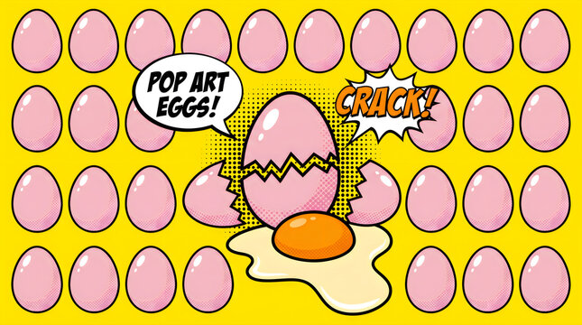 Pop art illustration of a cracked pink egg with a yellow yolk surrounded by many whole eggs
