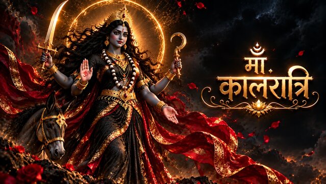 Divine hindu goddess maa kalaratri with glowing aura and red floral elements