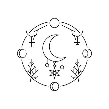 Celestial Crescent Moon and Stars Vector Illustration - Mystical Circle Frame Symbol