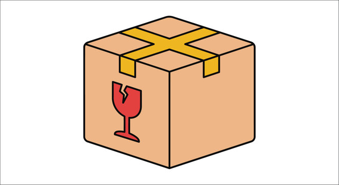 A cardboard shipping box with fragile symbol and securing tape is illustrated in a flat vector style package parcel delivery breakable caution handling illustration graphic