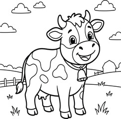 Obraz premium Cute cartoon cow with clouds and green pasture illustration in black and white