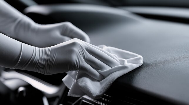 Hands wearing protective gloves cleaning and disinfecting a car dashboard with a microfiber cloth for hygiene and maintenance purposes
