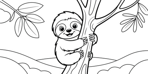Obraz premium Happy cartoon sloth hanging on tree branch with leafy background perfect for nature themes or casual designs.