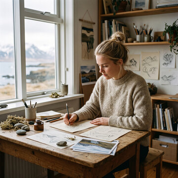 female designer drawing sketches at wooden desk in cozy studio with window view