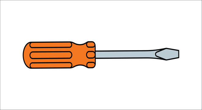 An orange handled flathead screwdriver is displayed against a plain white background tool hardware repair maintenance fix handle metallic steel blade workshop construction diy homeimprovement