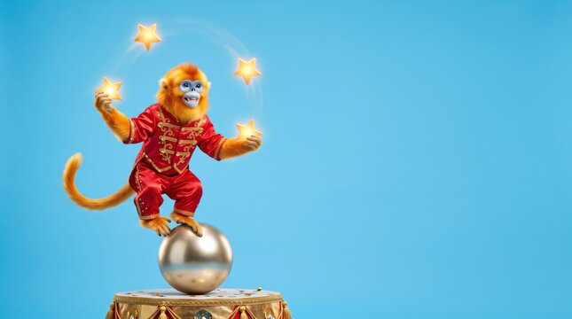 Golden monkey in red circus costume balancing on ball and juggling