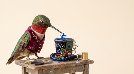 Obraz premium Hummingbird wearing a velvet vest decorating a miniature top hat