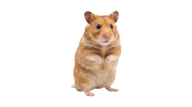 Adorable golden Syrian hamster standing upright in three quarter view showing fluffy soft brown coat.