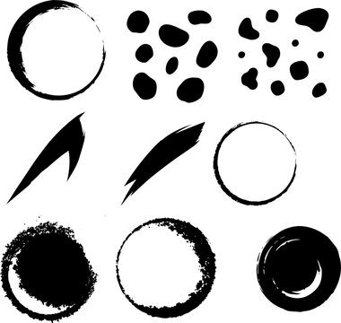 Set of black geometric shapes including intersecting circles, a single circle, and a paintbrush on white background