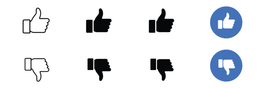 Like and dislike icon vector featuring thumb up and down symbols in outline, solid, and circular styles for social media feedback and reactions