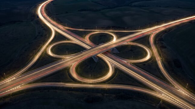 Aerial view of a cloverleaf highway interchange with light trails from moving cars at night time
