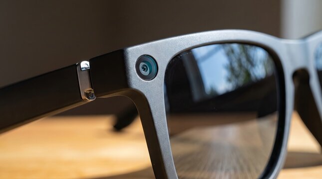 Smart glasses frame with integrated camera lens detail wearable technology electronic eyewear modern tech smart device digital equipment optical gear tech innovation accessory innovative