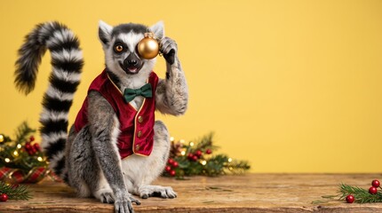 Fototapeta premium Ring-tailed lemur wearing Christmas vest and holding golden bauble