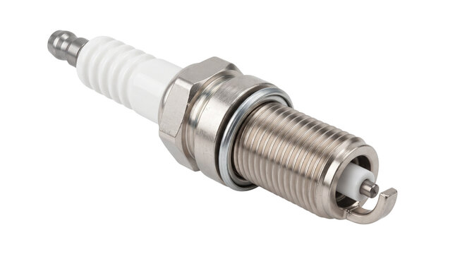 Automotive spark plug for engine maintenance, auto parts catalogs, mechanic services, vehicle repair and automotive equipment advertising. Isolated on White background.