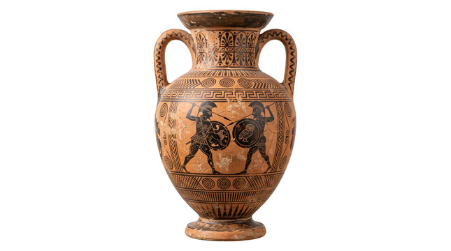 Ancient greek amphora vase with warriors and mythical creatures on transparent background png.
