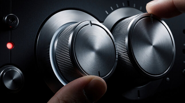 Close up of hands adjusting metal knobs on professional audio mixer. Man controls volume frequency on hi-fi sound equipment. Sound engineer works on studio console with silver dials to tune music in