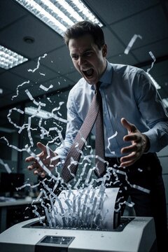 Stressed businessman screams in pain as necktie gets caught in paper shredder machine. Young male employee suffers funny accident in office. Chaos, panic during workday. Man feels shock, fear work