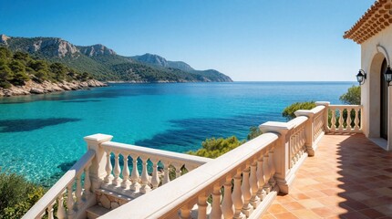 Obraz premium Elegant Mediterranean villa balcony overlooks calm turquoise sea, rocky coastline. Luxury terrace with stone balustrade offers scenic ocean view. Sunny summer day at seaside estate provides peaceful