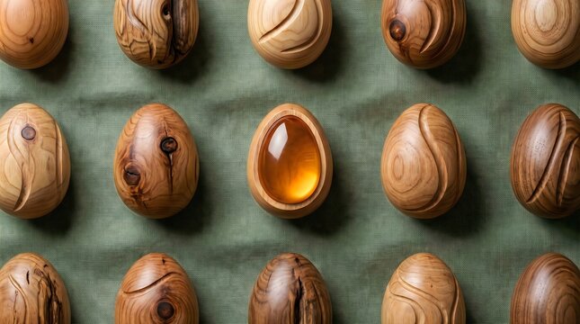 Wooden egg shaped ornaments arranged in a row with one center piece filled with honey