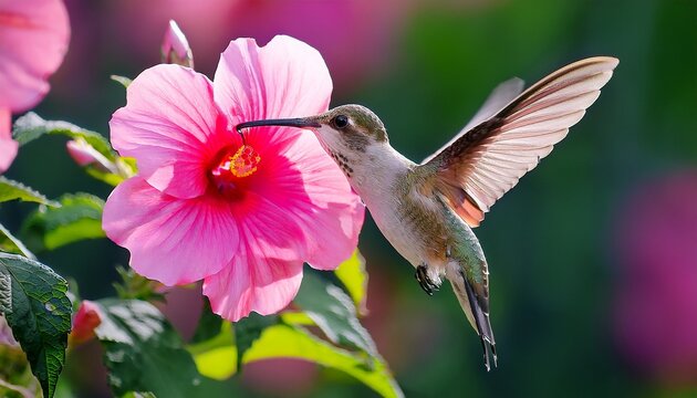vibrant ruby throated hummingbird hovering to feed on a bright pink flower in the garden